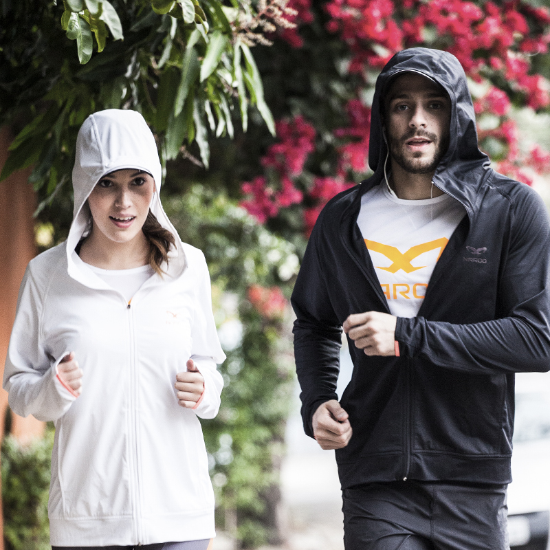 NAROO UV Breaker black and white hooded jackets worn outdoors