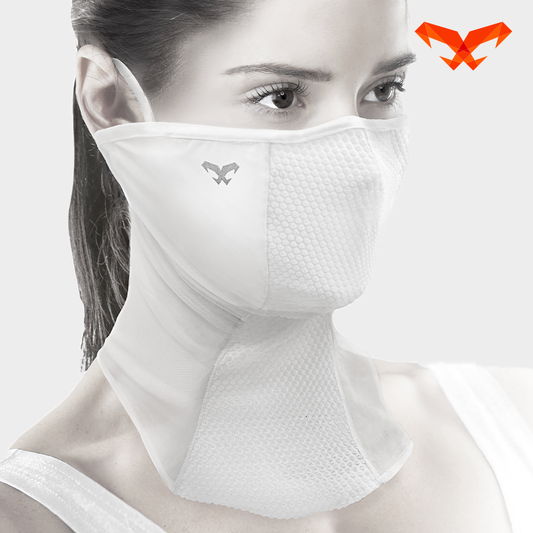 NAROO N2 white sun protection face cover worn by a woman