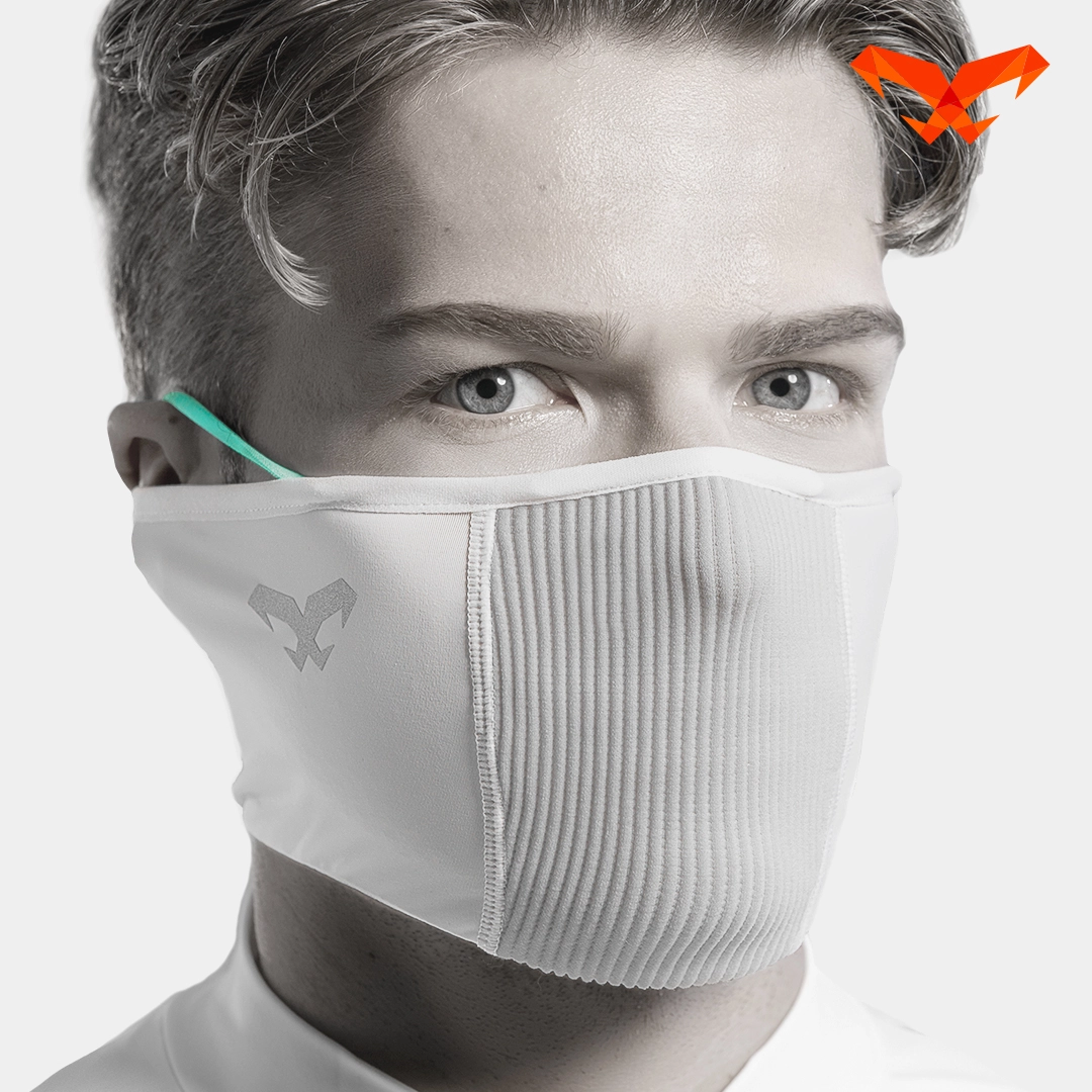 NAROO F1S white face cover shown from the front with colored ear loops.