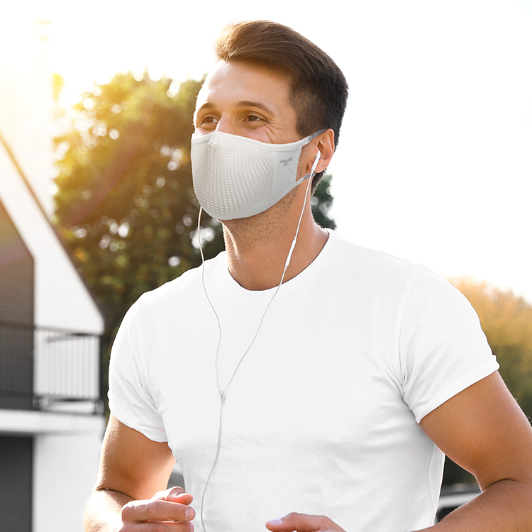 NAROO N0U white face cover worn by a man outdoors