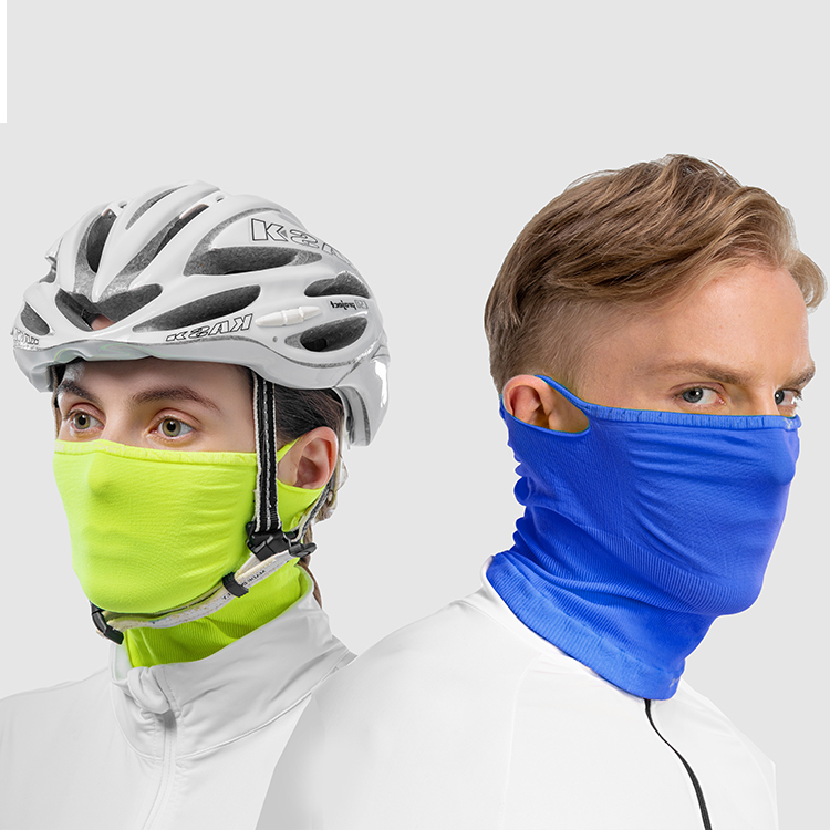 NAROO X1 lime and blue neck gaiters worn in two views