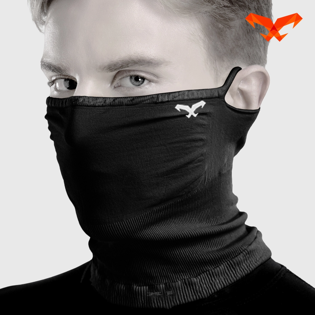NAROO X1 black neck gaiter, front-side view