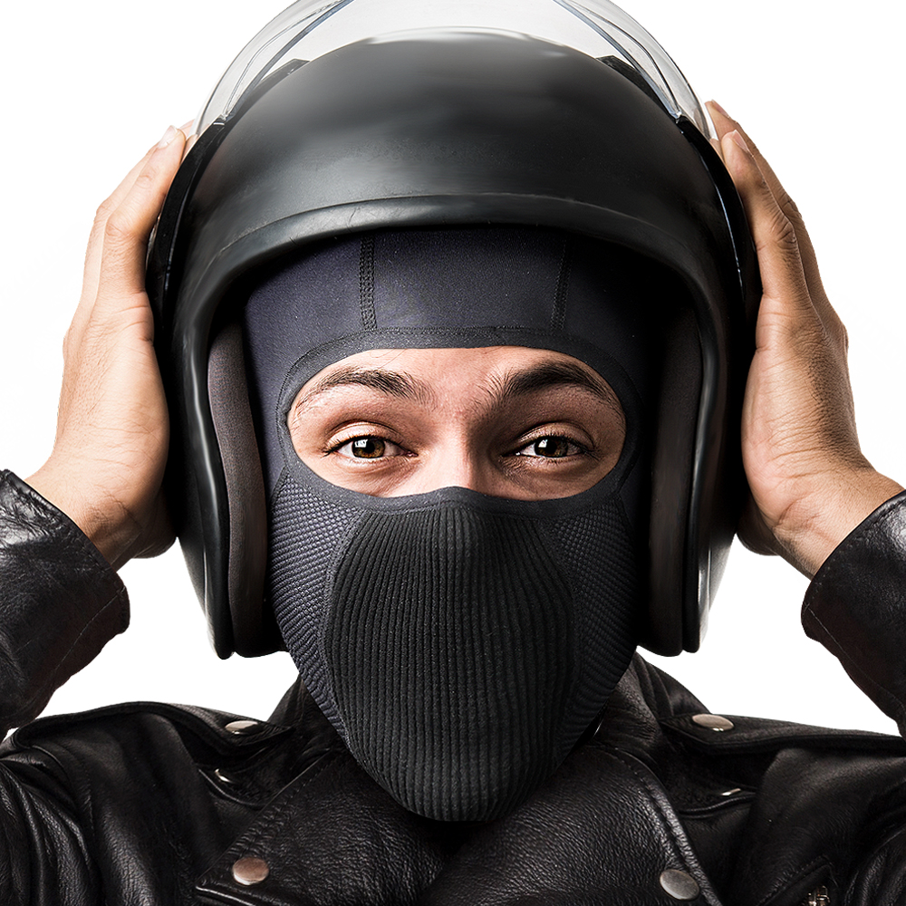 NAROO F9F black balaclava worn by a person holding a helmet