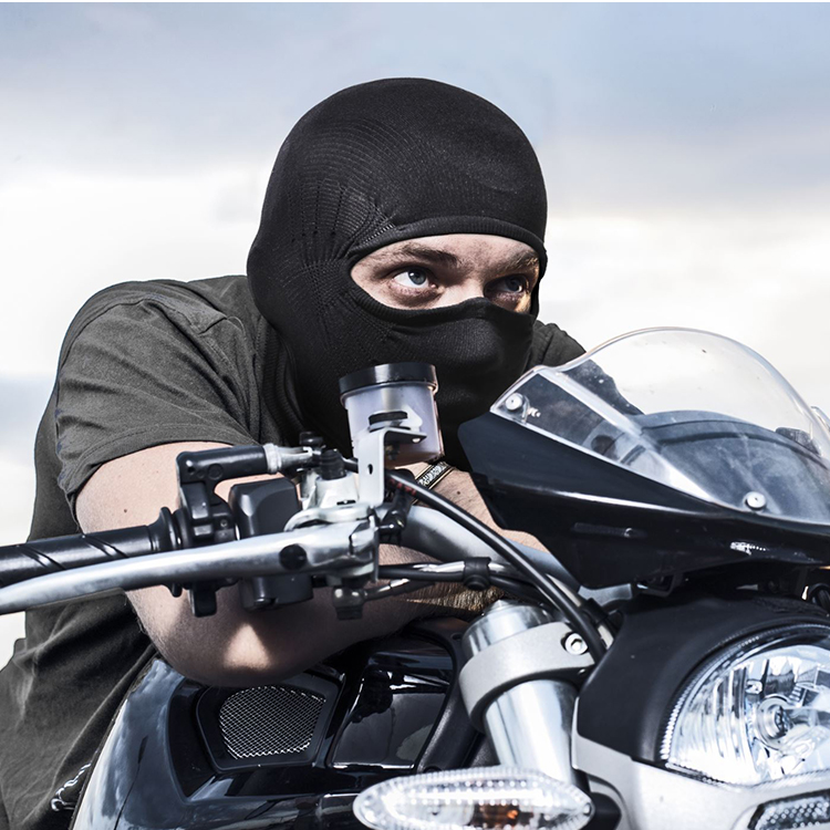 NAROO X3F black balaclava worn by a person beside a motorcycle
