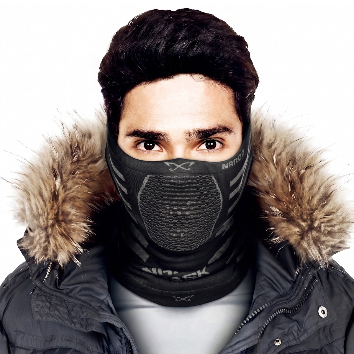 NAROO X9 black and gray neck gaiter worn with a winter jacket