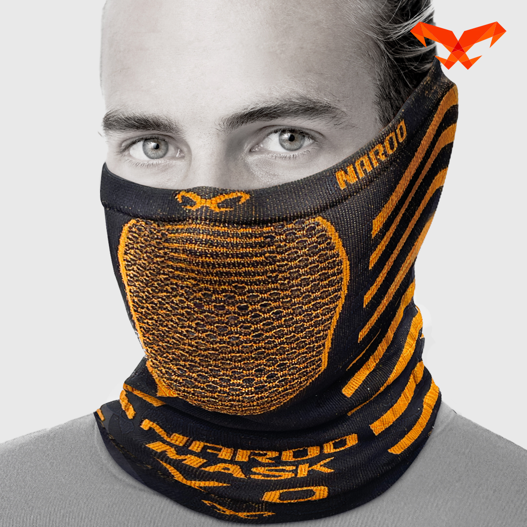 NAROO X9 black and orange neck gaiter, front view
