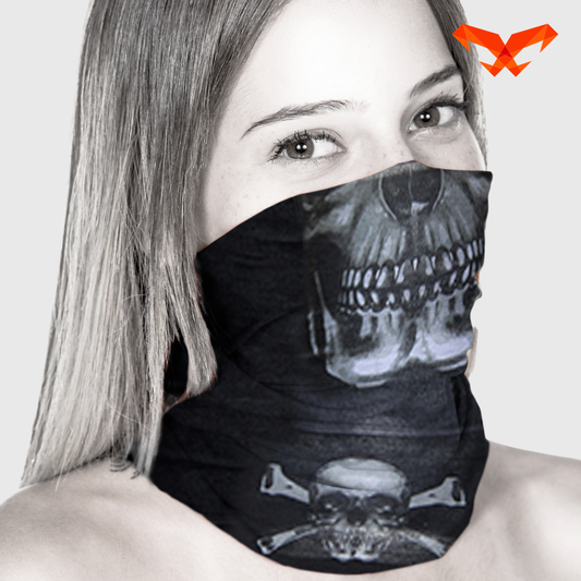 NAROO E3 skull-print tube gaiter worn over the nose and neck