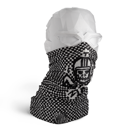 NAROO E3 checkered skull-print tube gaiter, front view