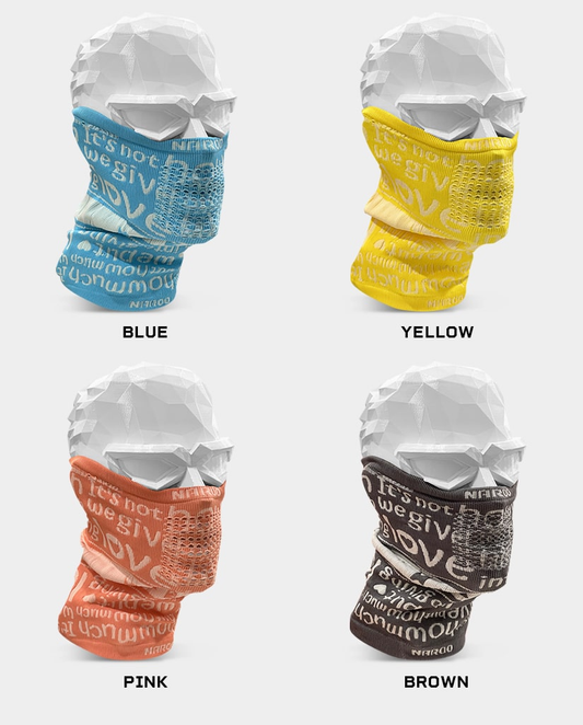 NAROO E9 Kids kids tube gaiters in blue, yellow, pink and brown, shown on display forms