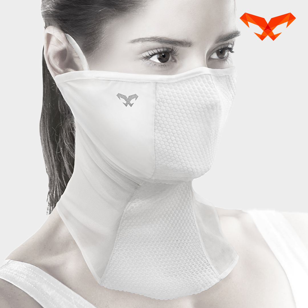NAROO N2 white sun protection face cover worn by a woman