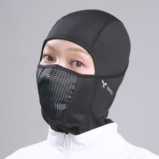 NAROO N7F black winter balaclava worn, front-side view