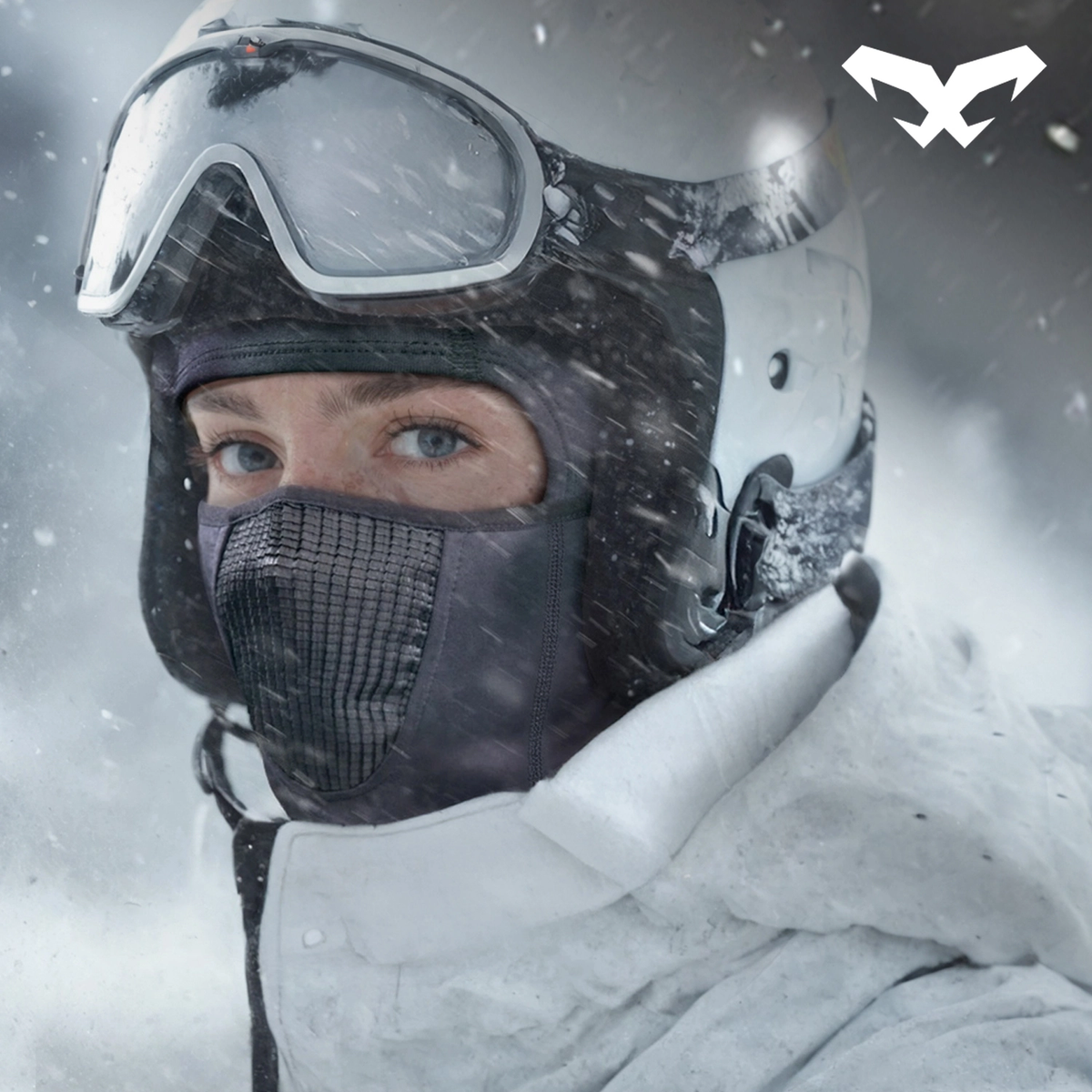 NAROO N7F black winter balaclava worn with ski goggles in the snow