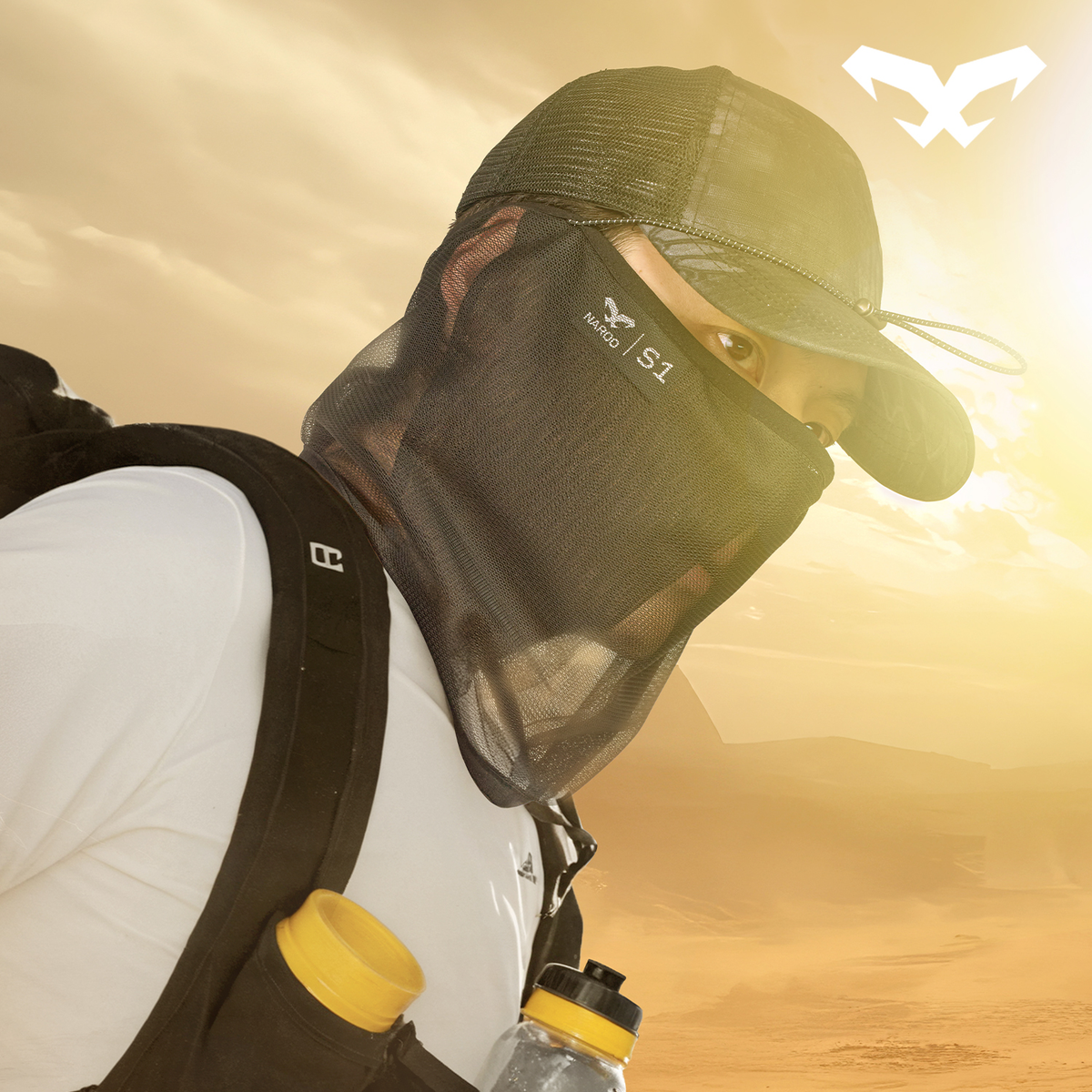 NAROO S1 black sun cover worn with a cap outdoors
