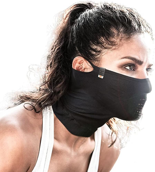 NAROO N1 black neck gaiter worn with the fabric side facing forward