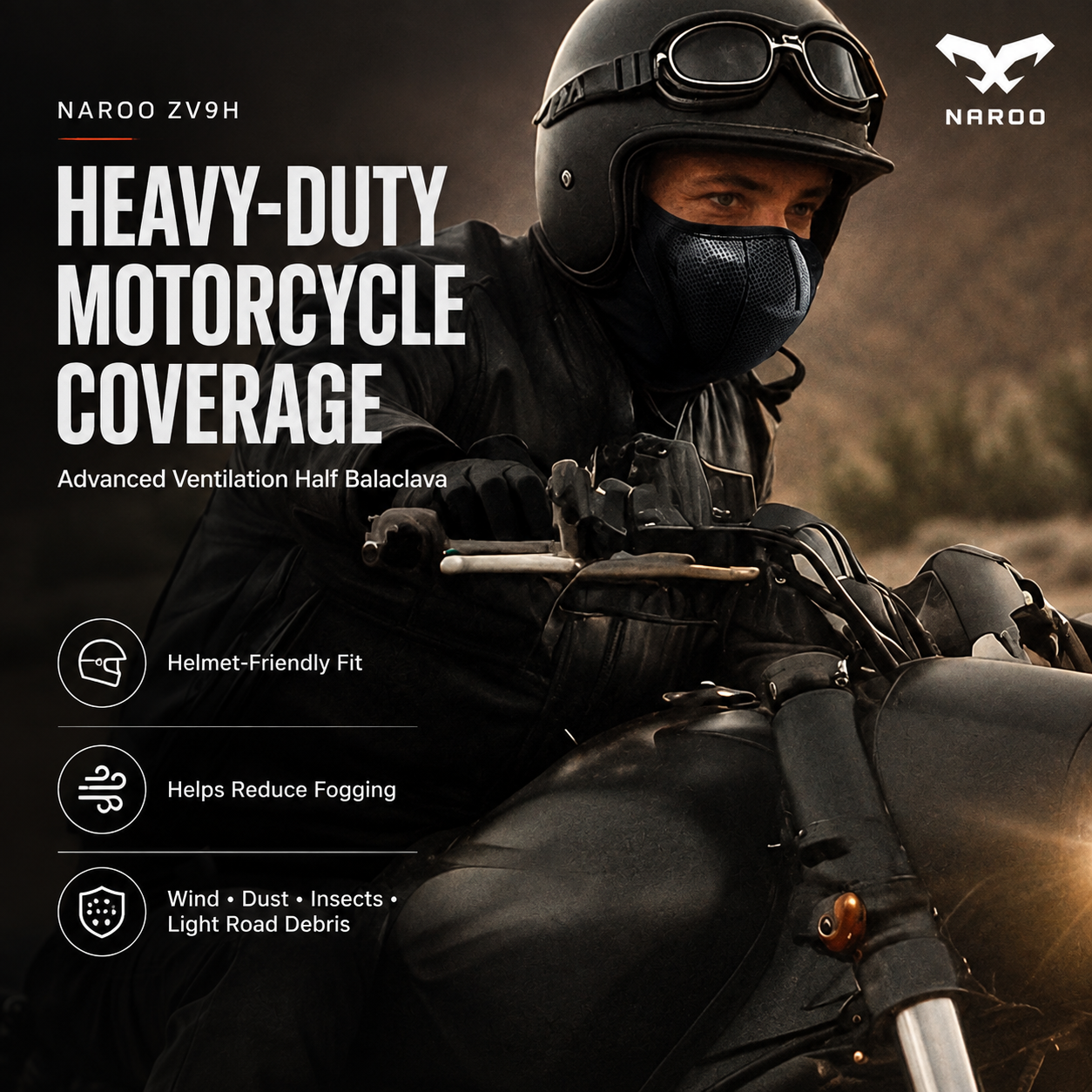 NAROO ZV9H Heavy-Duty Motorcycle Half Balaclava - Advanced Ventilation